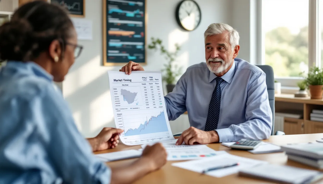 Two professionals review a market timing chart at a desk in a bright office with financial data displays on the wall