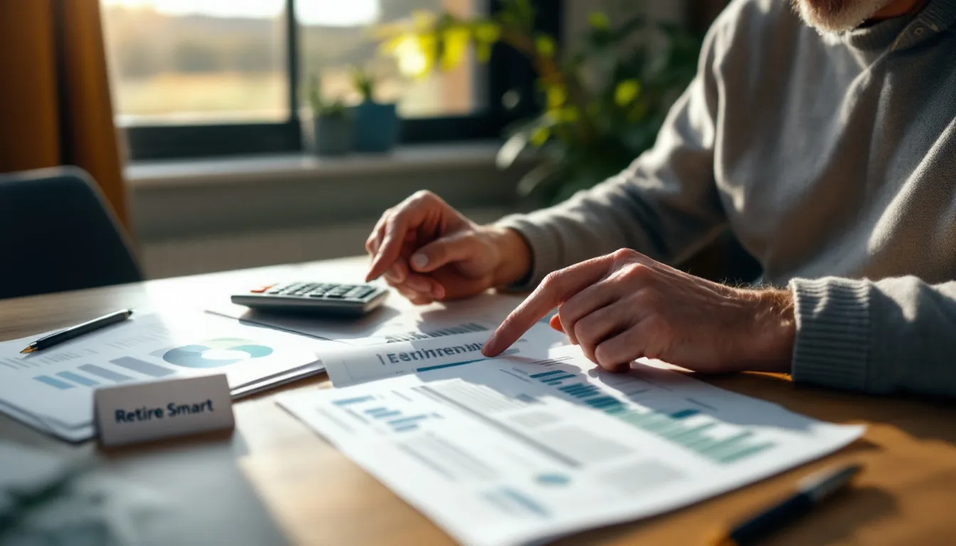 A person's hands point to financial charts and documents on a desk while using a calculator, with a "Retire Smart" notepad and pen nearby