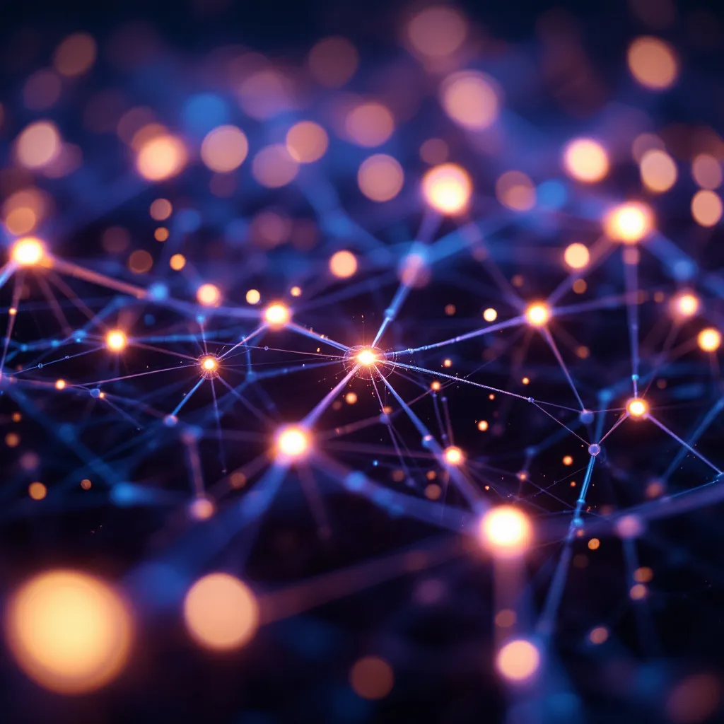 Network of interconnected blue and orange nodes with bokeh lights on dark background, representing AI assistant data flows and ad distribution