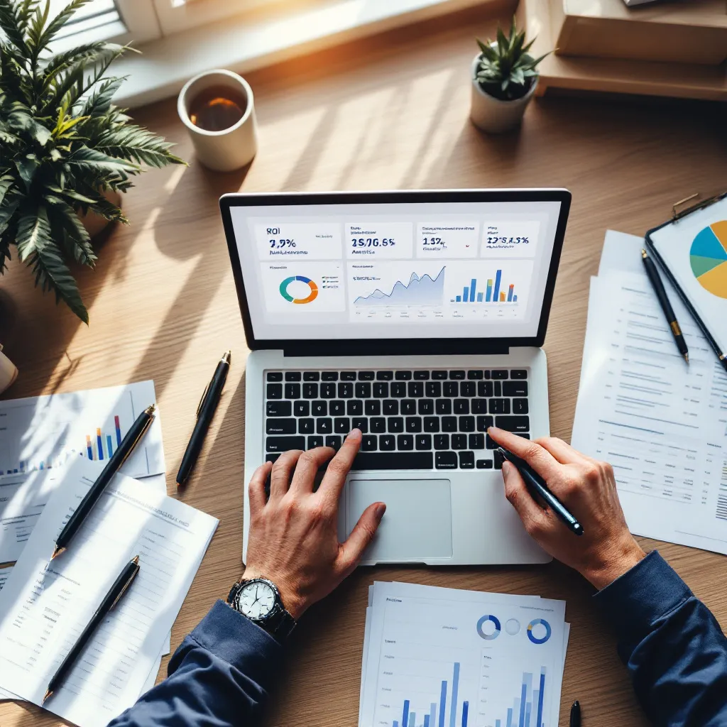 Person at laptop displaying analytics dashboards with charts, percentages, and printed reports showing conversion tracking data