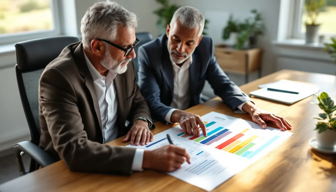 Two men in business attire review colorful bar charts and documents at a wooden table in a bright office with potted plants
