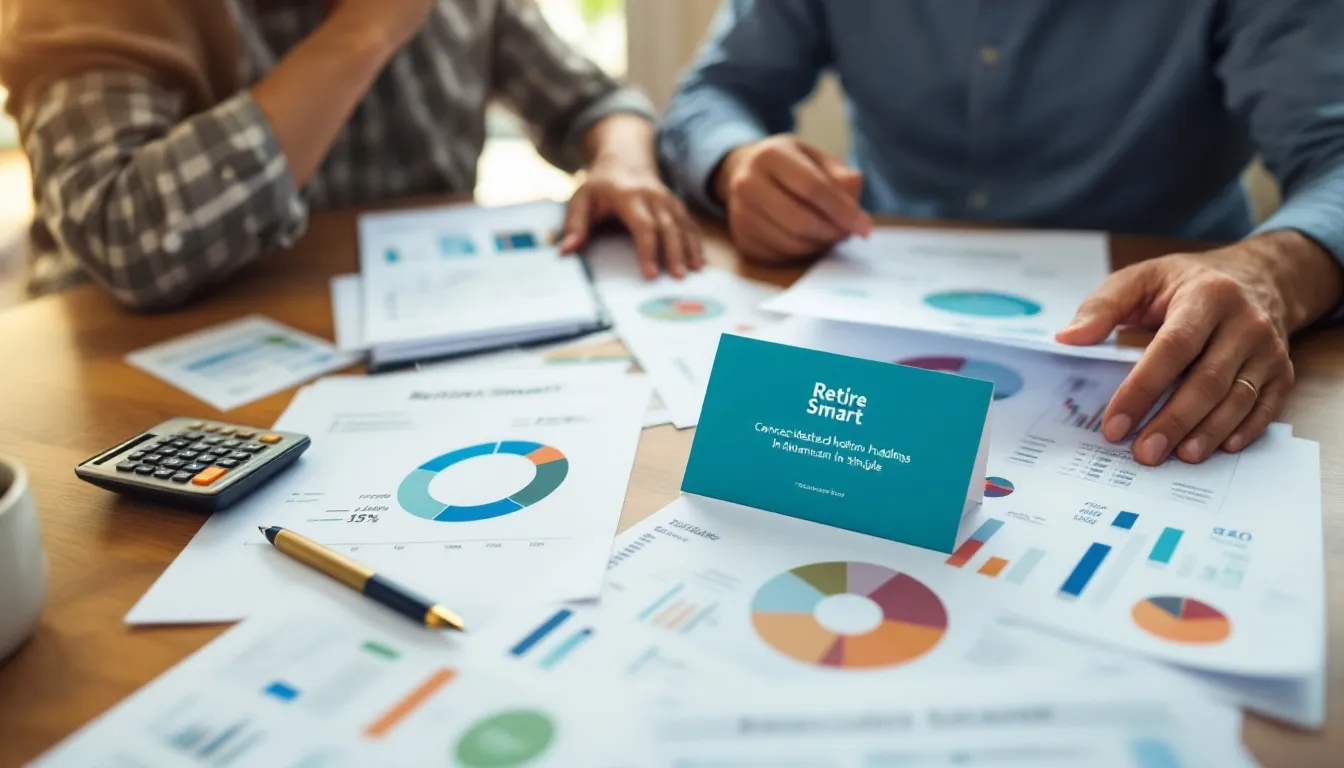 Two people review financial documents and charts spread across a wooden table, with a teal Retire Smart brochure, calculator, and pen visible