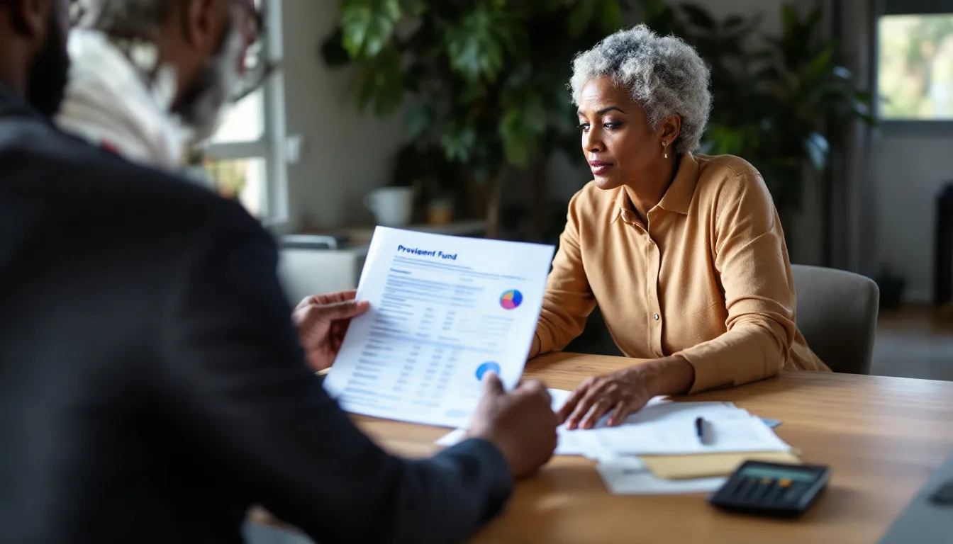South African woman reviewing a provident fund member benefit statement with a pie chart showing fund components
