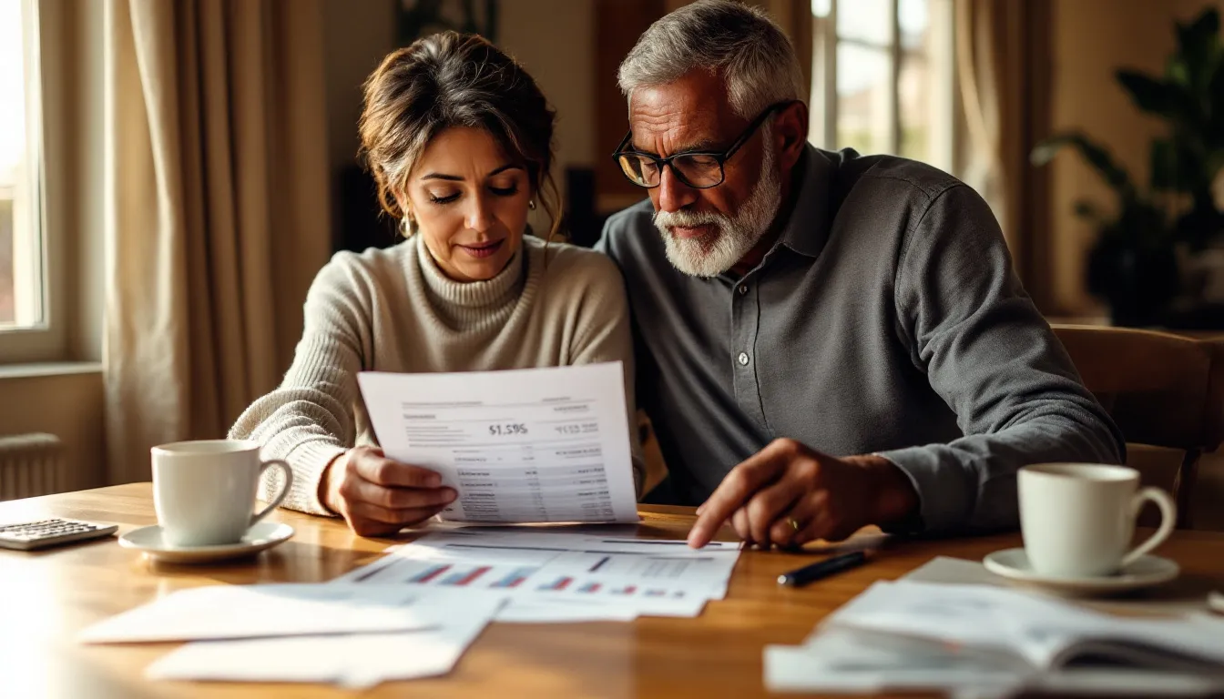 Two people reviewing provident fund balance statements and investment charts at a wooden table