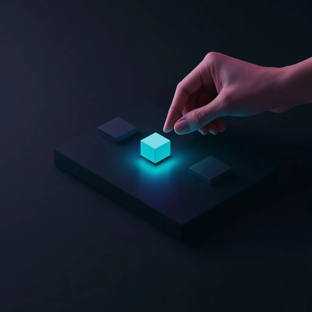 A hand reaching toward a glowing cyan cube surrounded by darker cubes on a dark surface
