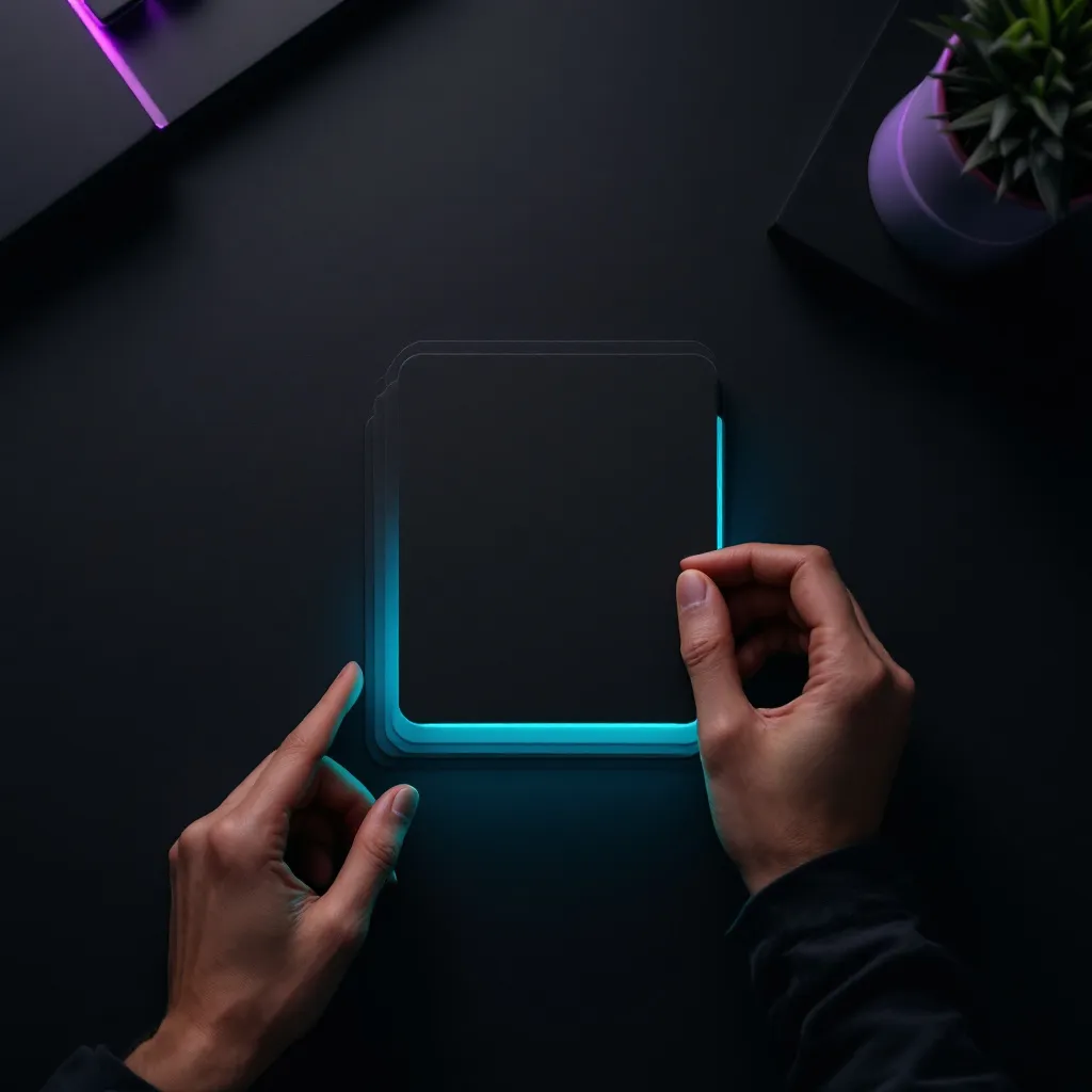 Two hands holding a glowing cyan-outlined rectangular frame against a dark background with purple neon lighting and a potted plant visible