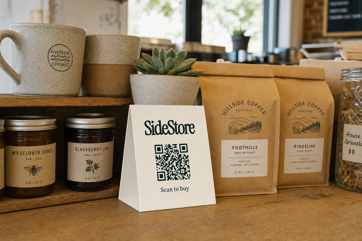 SideStore tent card displayed on a cafe counter surrounded by artisanal local products including jams, ceramics, and coffee