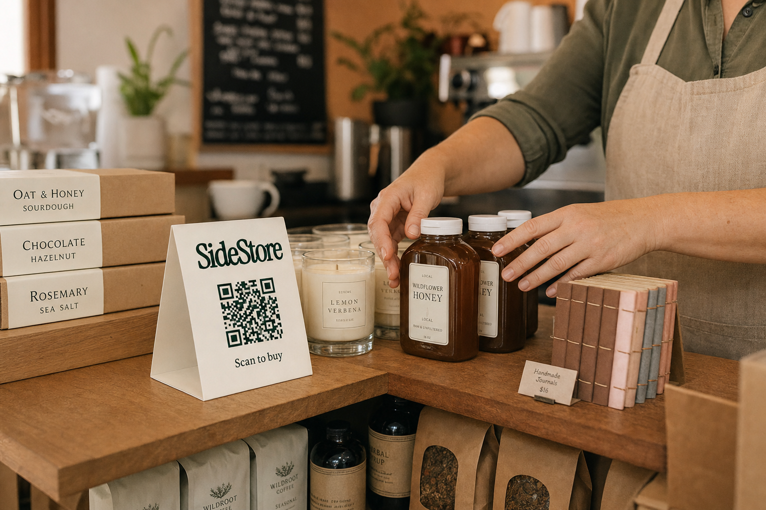 Cafe owner arranging shelf products with SideStore tent card standing upright among handmade local goods