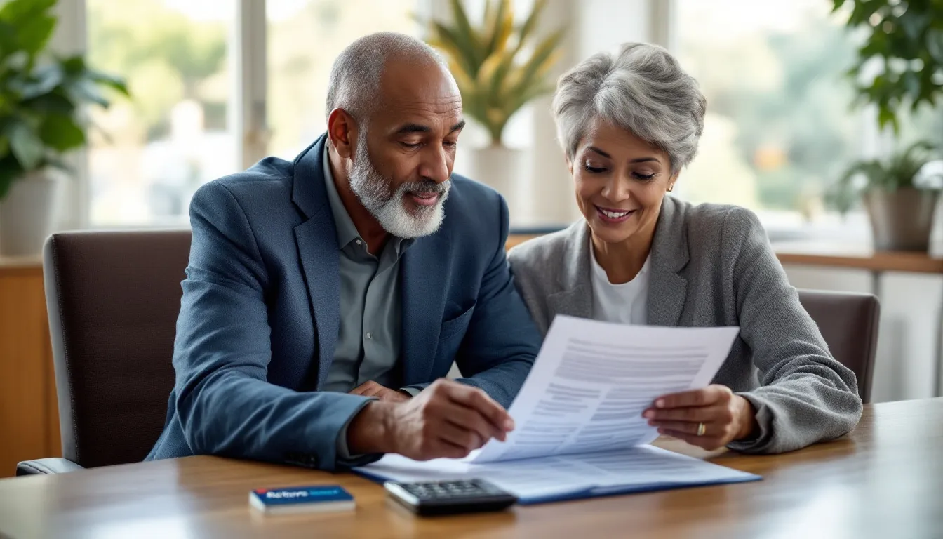 Two people in business attire review financial documents together at a desk with a calculator and potted plants visible in a bright office s