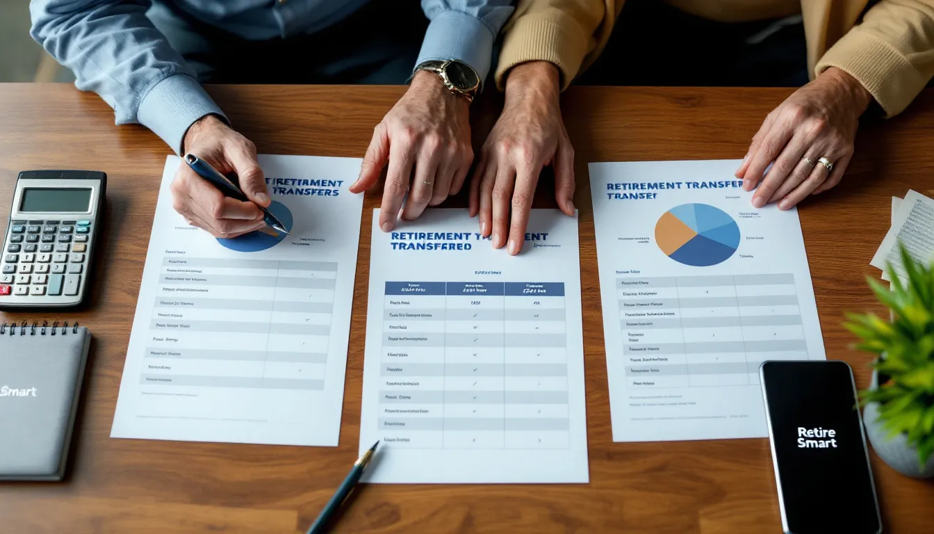 Three people review retirement transfer documents at a wooden desk with a calculator, notebook, and smartphone displaying a "Retire Smart" a