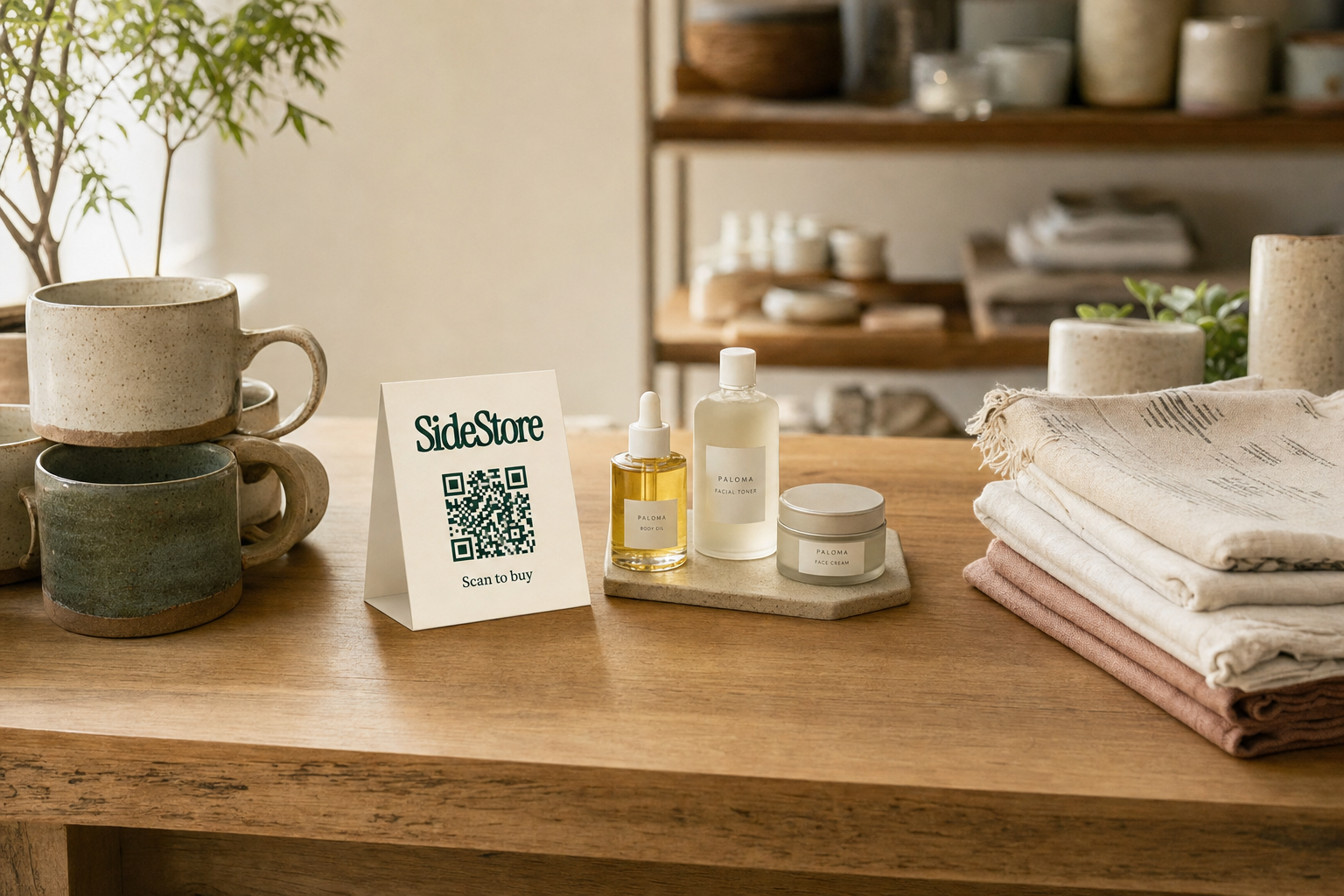 A wooden table displays skincare products, folded linens, ceramic mugs with a plant, and a SideStore QR code sign in a minimalist retail set