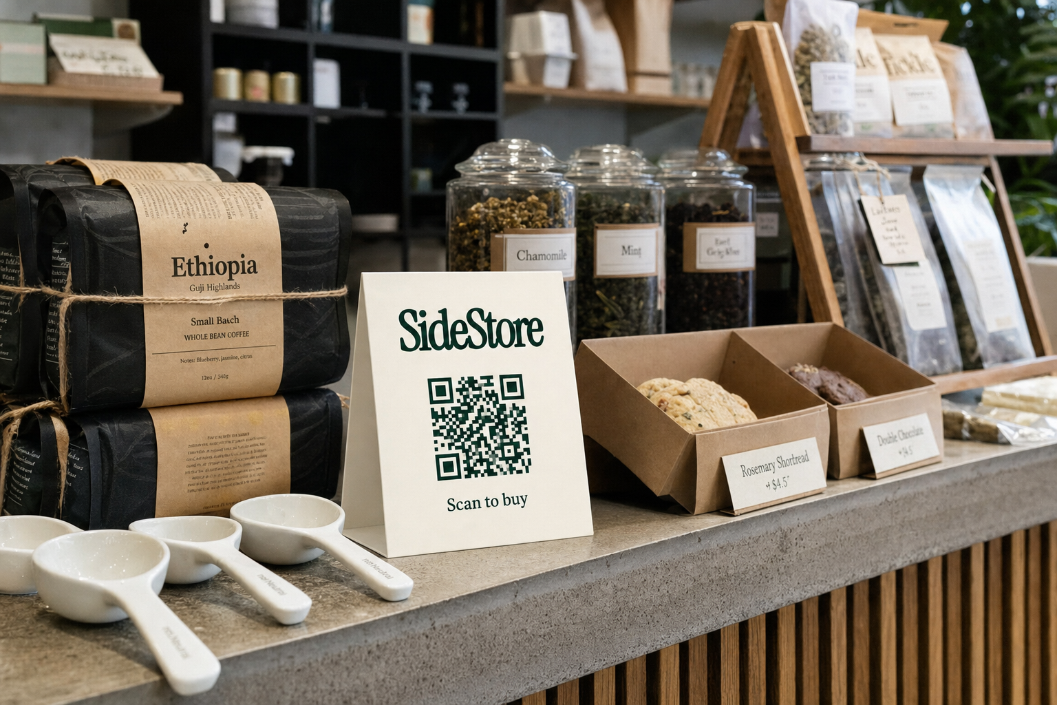 A retail counter displays packaged coffee, loose tea in glass jars labeled Chamomile and Mint, baked goods in cardboard boxes, white ceramic