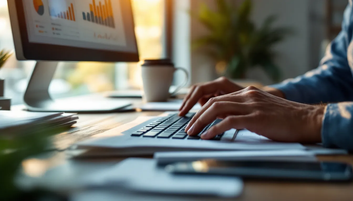 Small business owner working at desk with analytics and content strategy materials