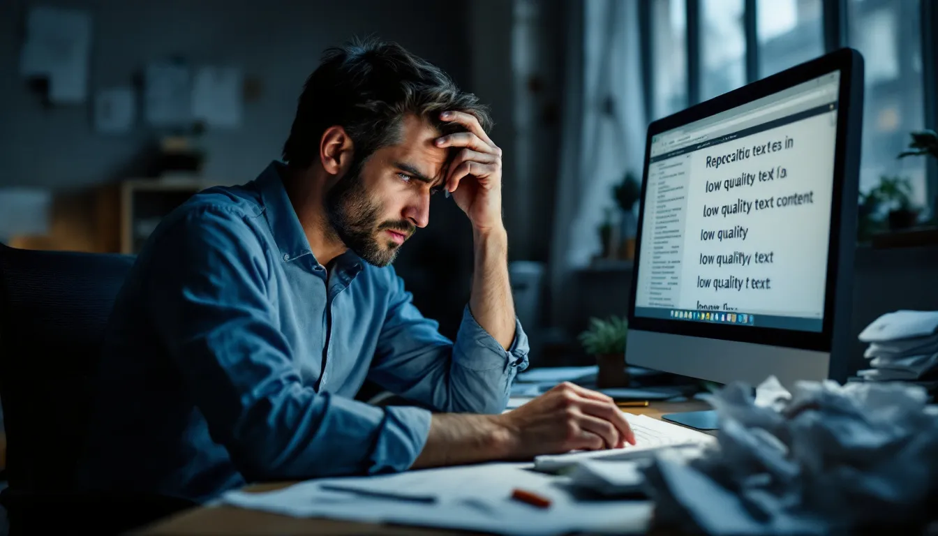 Business owner reviewing repetitive AI-generated content with frustration