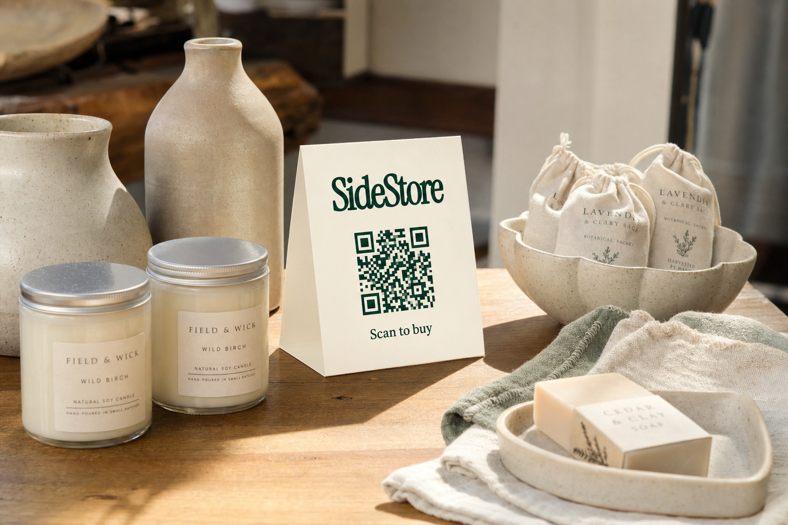 A wooden table displays natural home goods including Field & Wick soy candles, ceramic vessels, lavender sachets, folded linens, and a SideS