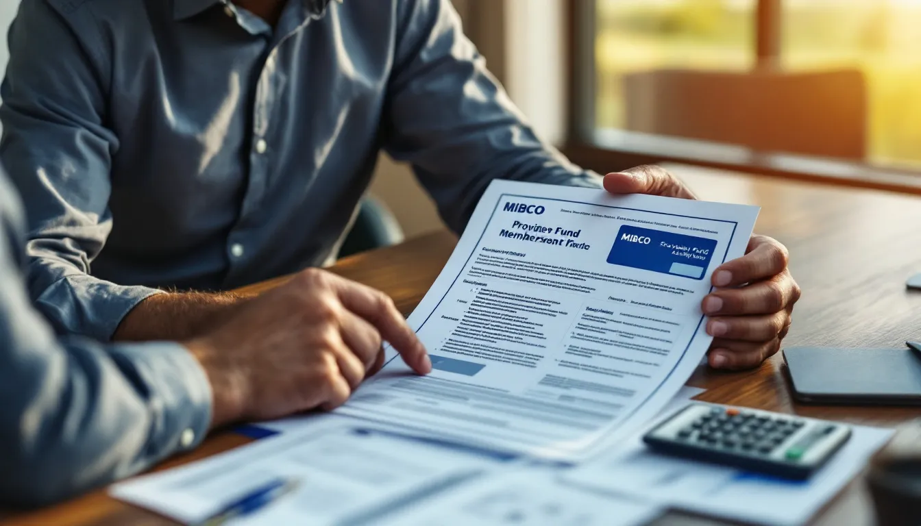 A person in a blue shirt holds a MIBCO Provident Fund membership document at a wooden desk with a calculator and papers nearby