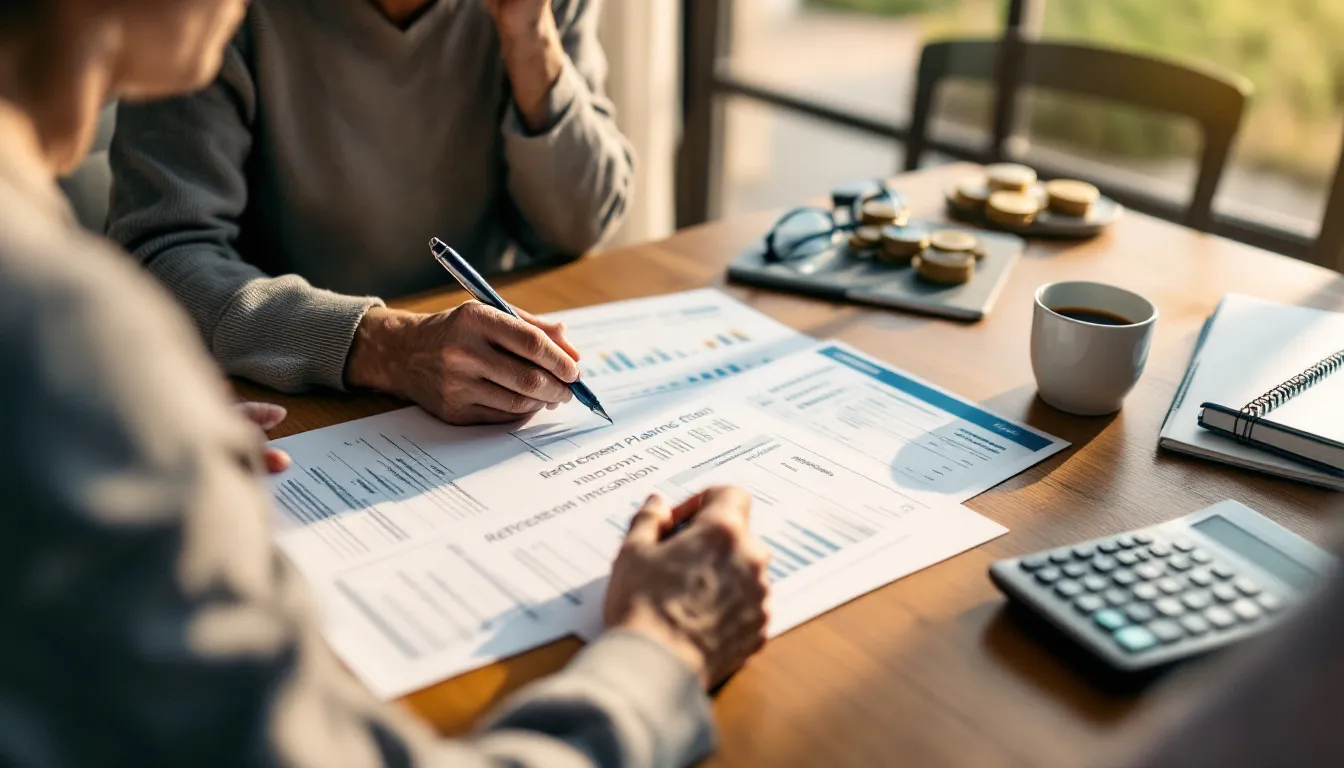 Two people review financial documents with charts and graphs at a wooden desk, with a calculator, coffee cup, and eyeglasses nearby
