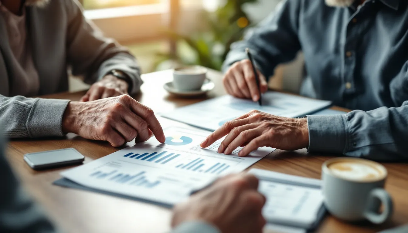 Older couple reviewing retirement planning documents with a financial advisor at a desk