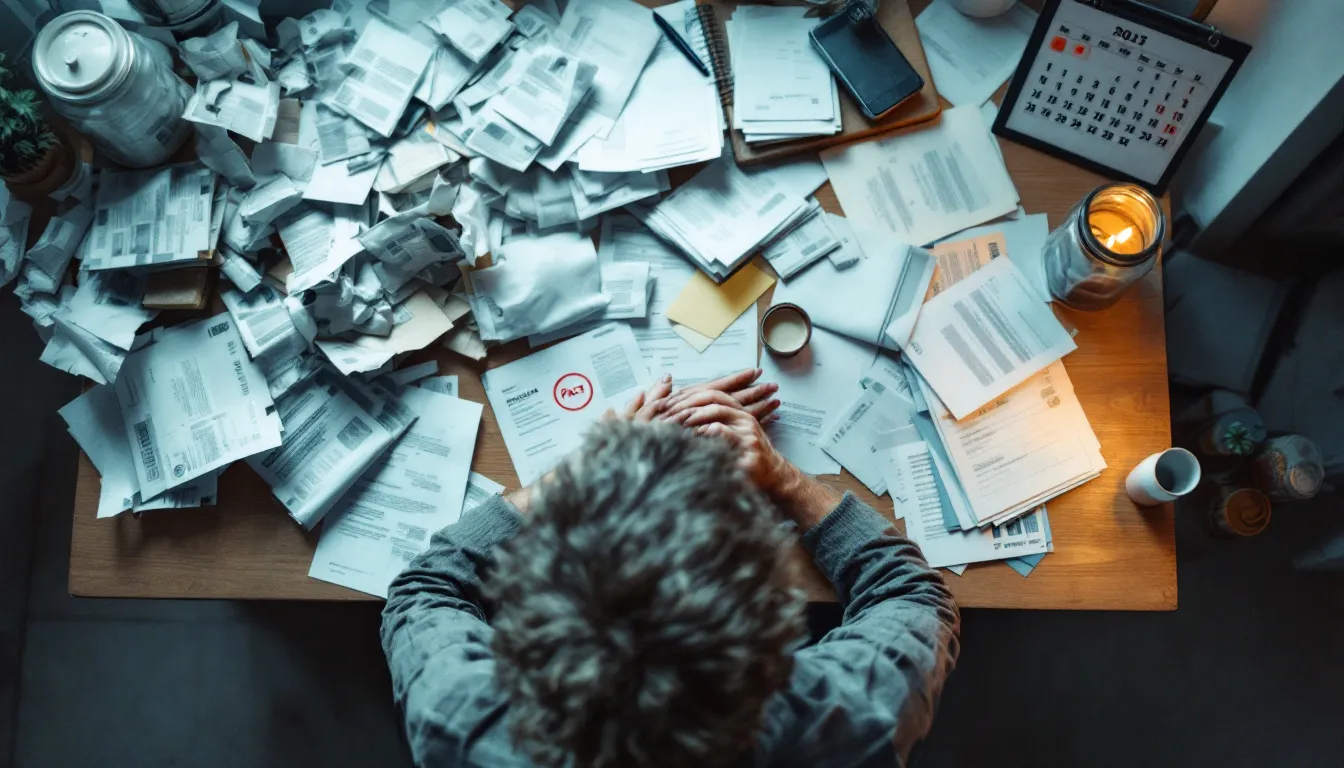 Person surrounded by disorganized financial documents and bills showing retirement planning mistakes