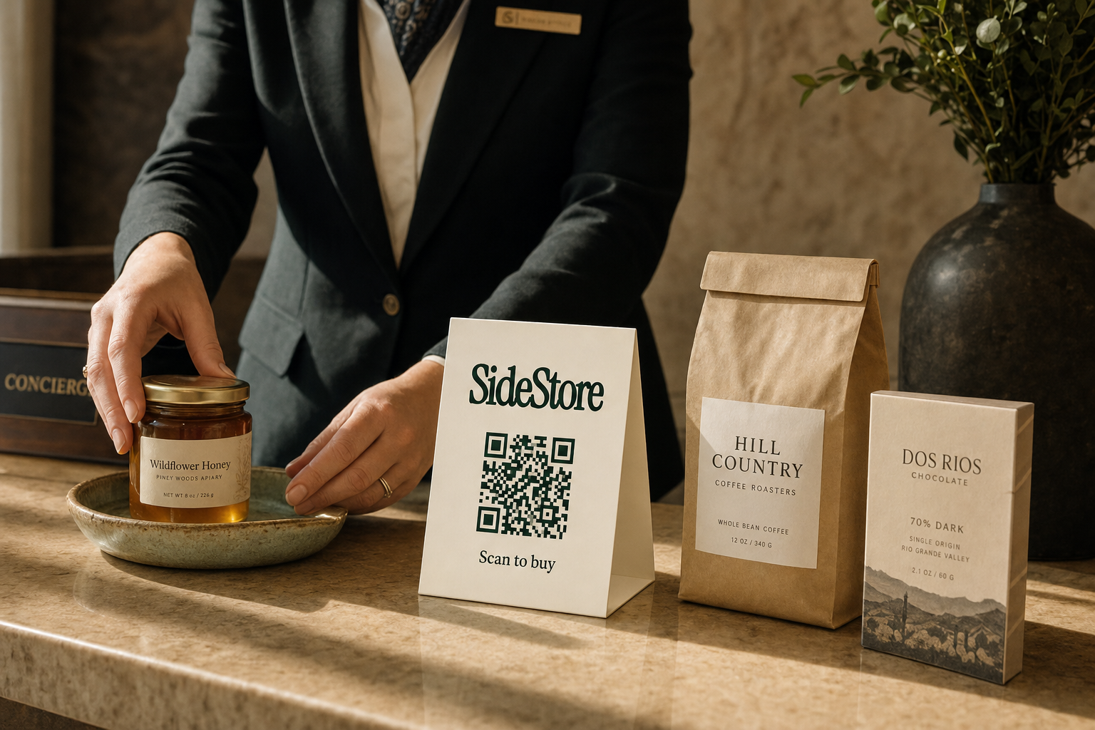 A person in a dark blazer displays artisanal products on a stone counter, including a jar of wildflower honey, a SideStore promotional card