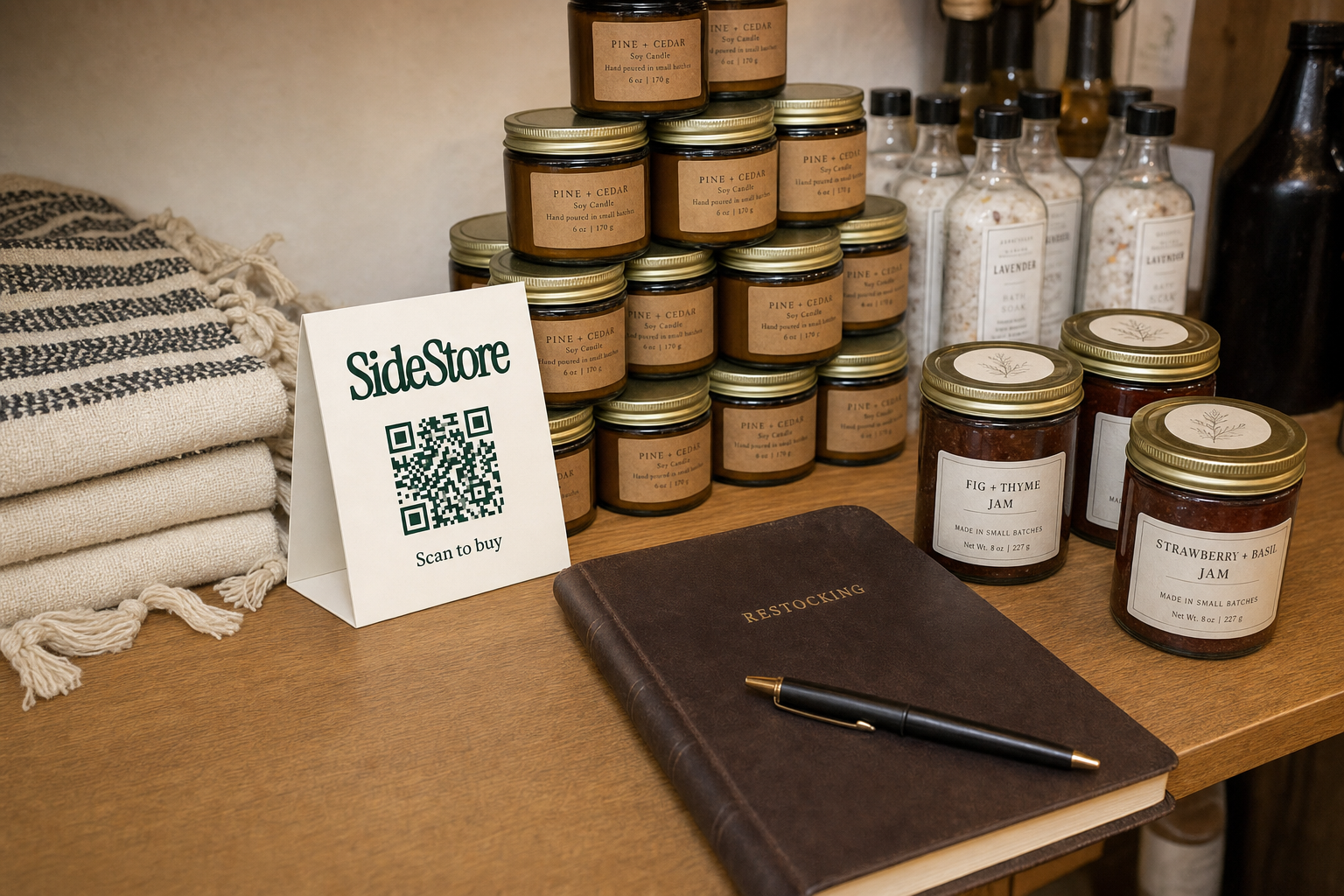 A wooden table displays artisanal products including stacked Pine + Cedar soy candles in amber jars, Fig + Thyme and Strawberry + Basil jams