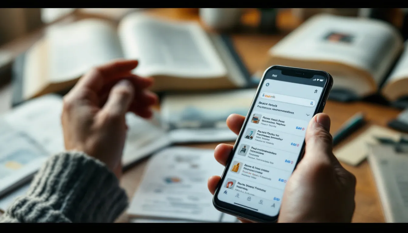 A person holds a smartphone displaying a search results page with multiple product listings and recommendations, with open books and papers