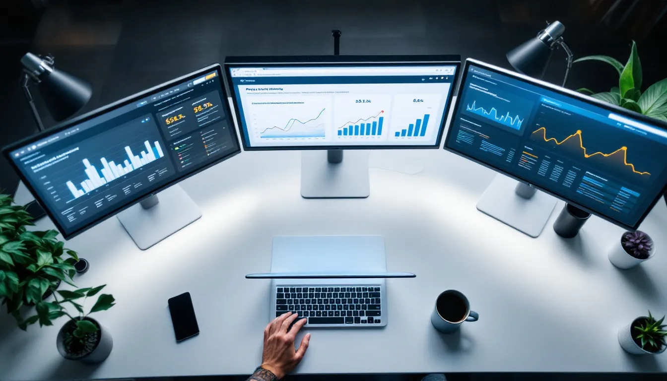 A person's hand rests on a laptop keyboard at a white desk surrounded by three monitors displaying data analytics dashboards with charts and