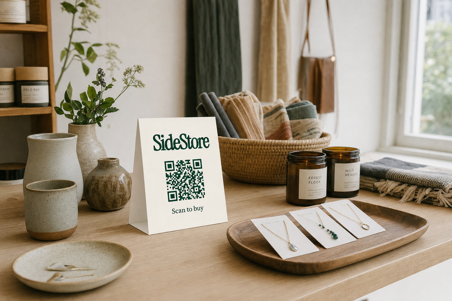 A wooden display table showcases home goods including ceramic vessels, potted plants, candles, fabric samples in a basket, and jewelry displ