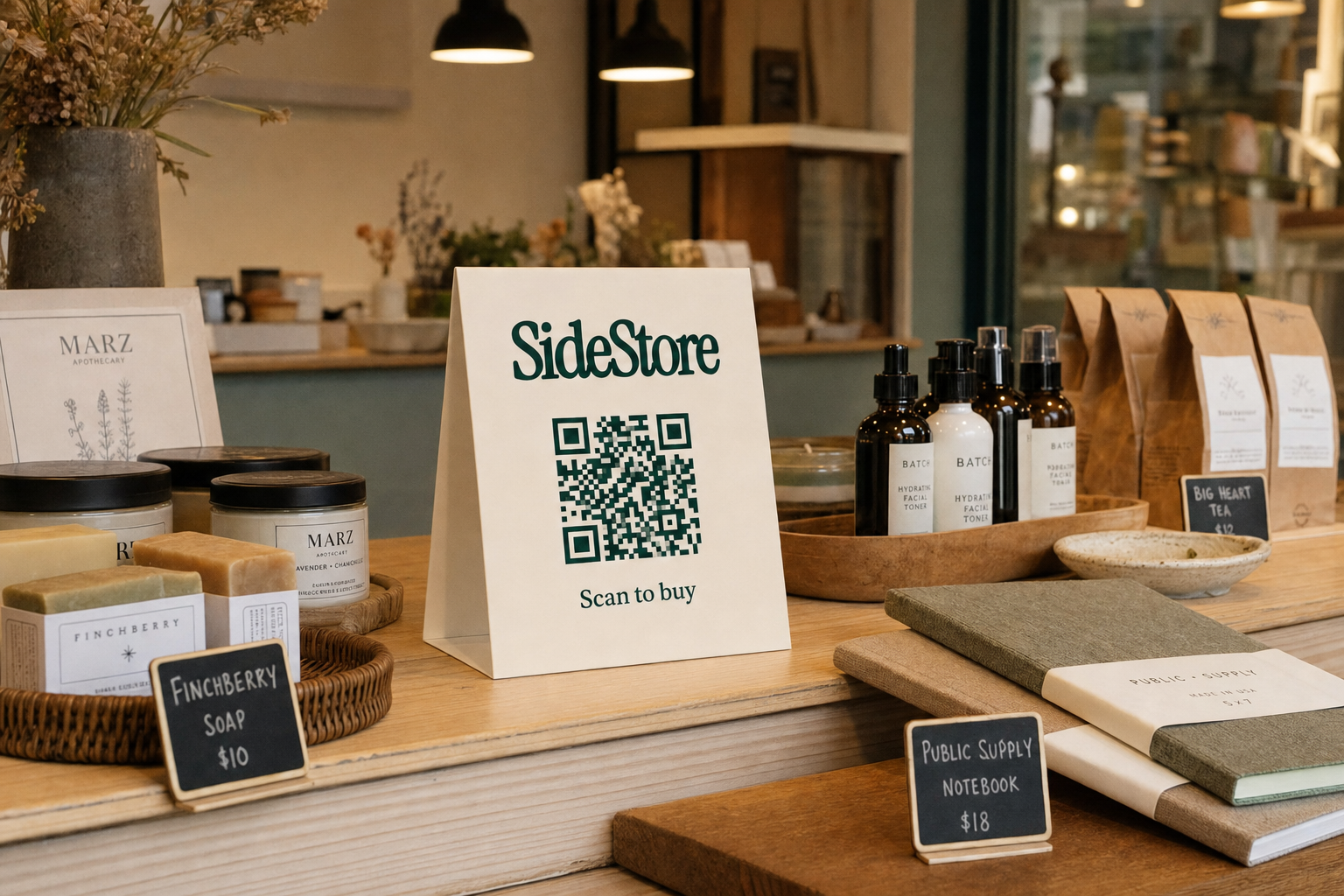 A wooden retail counter displays various products including soaps, skincare bottles, notebooks, and dried flowers, with a 