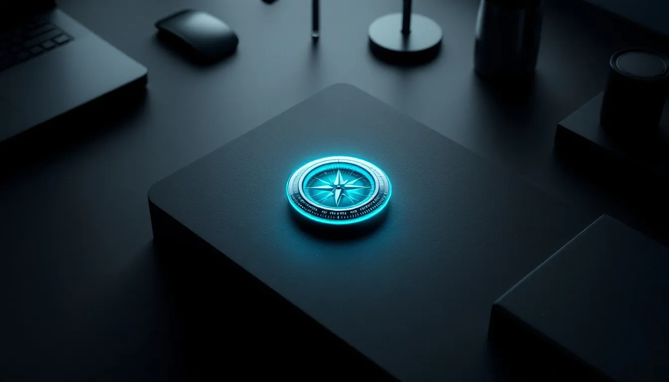 A glowing blue compass with a four-pointed star sits on a dark desk surrounded by office items including a mouse, keyboard, and speaker