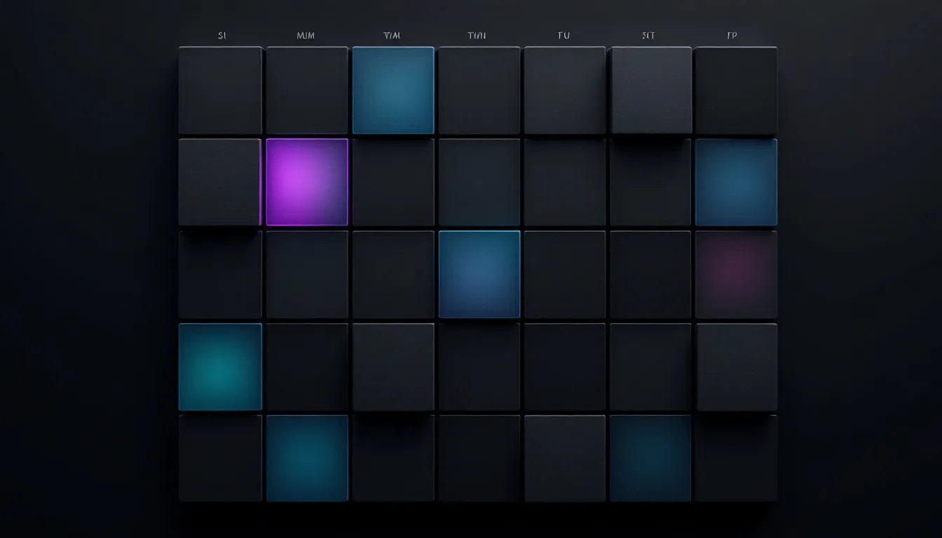 A weekly calendar grid with days of the week labeled across the top and several cells highlighted in blue and one in purple against a dark b