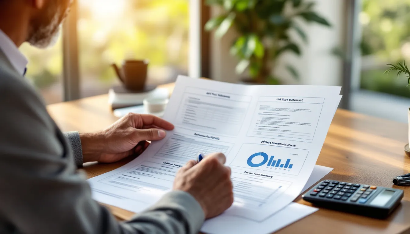 A person reviews financial documents with charts and statements at a wooden desk near a sunny window, with a calculator and potted plants