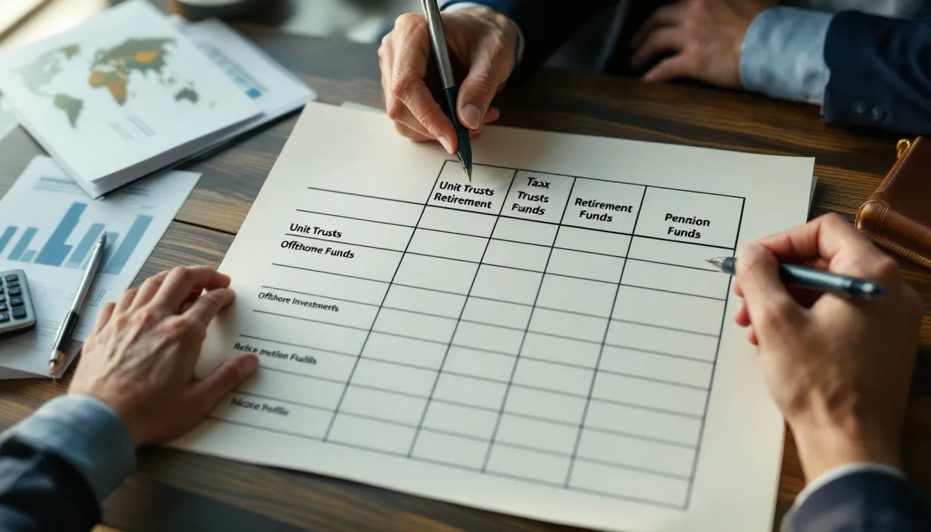 Two people review a financial planning chart on a wooden desk that categorizes investment types including Unit Trusts, Offshore Funds, Tax T