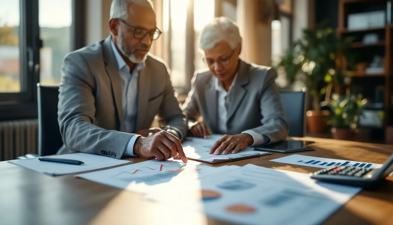 Two professionals in business attire review financial documents and charts spread across a wooden desk in a bright office with plants and wi