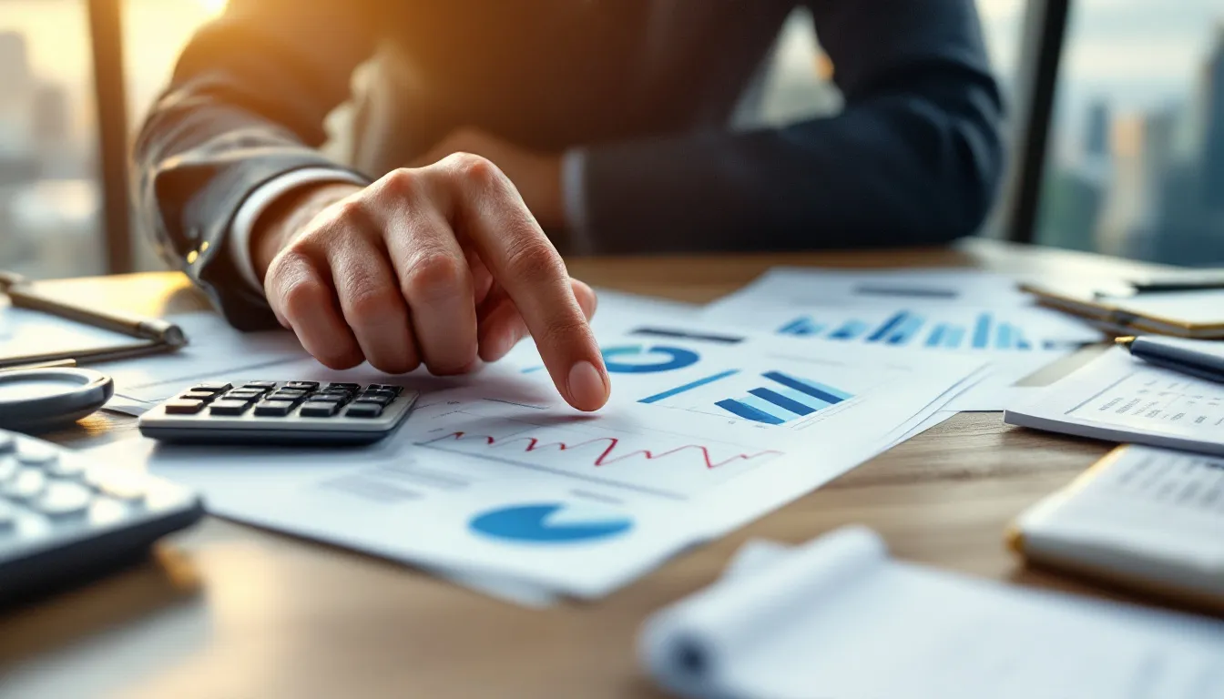 Financial advisor reviewing tax-efficient retirement planning documents with calculator and investment charts on desk