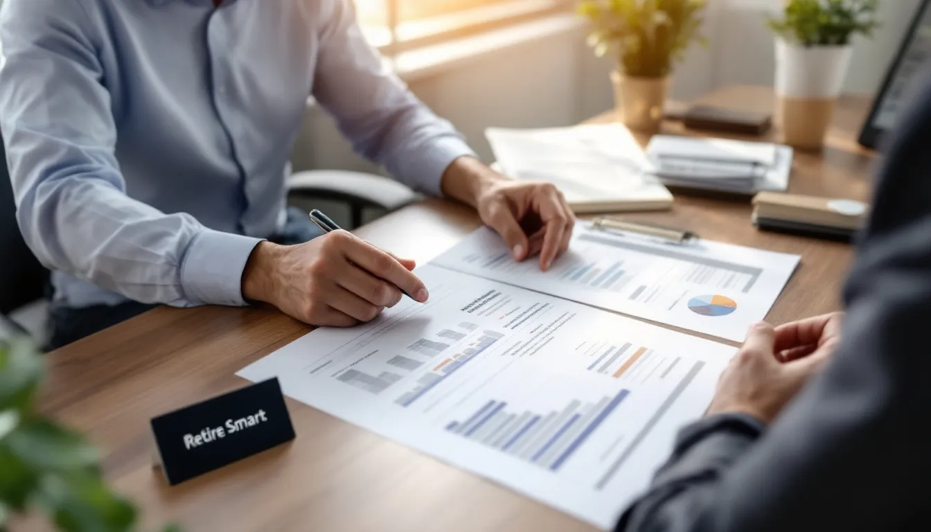 Two people review financial documents with charts and graphs on a wooden desk, with a "Retire Smart" nameplate visible