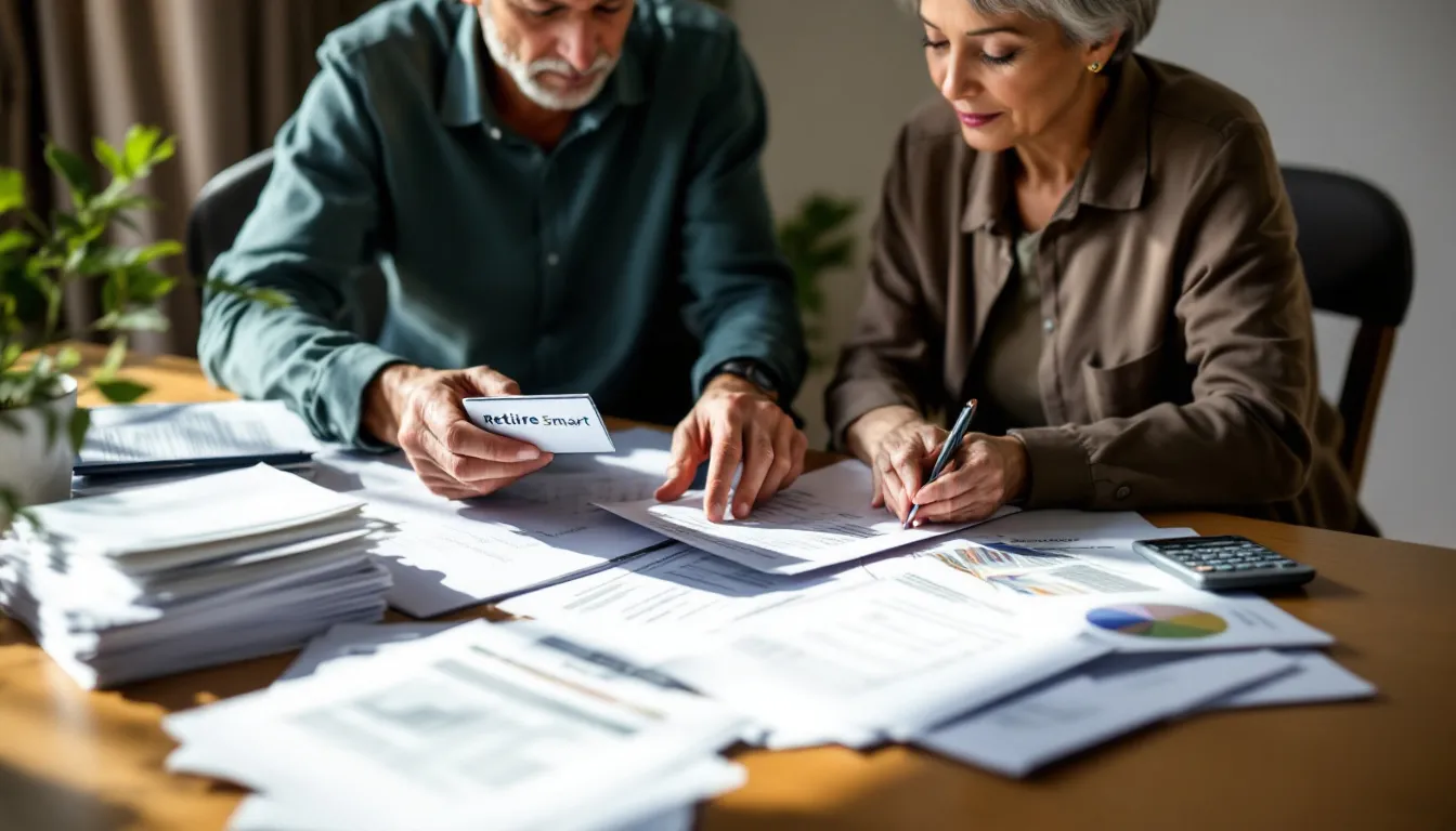 Two people review retirement planning documents and financial charts spread across a wooden table, with one holding a "Retire Smart" card
