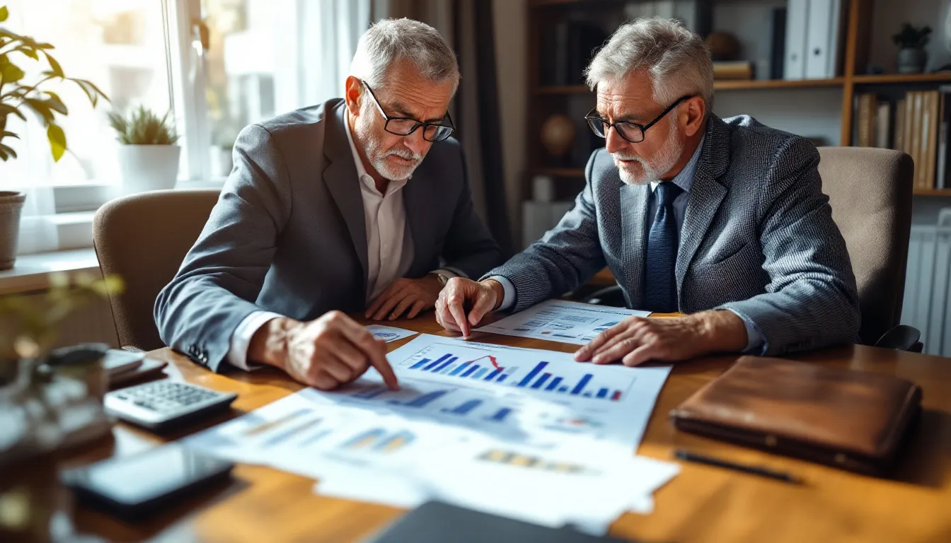 Two men in business attire review financial charts and graphs at a wooden table in a bright office setting