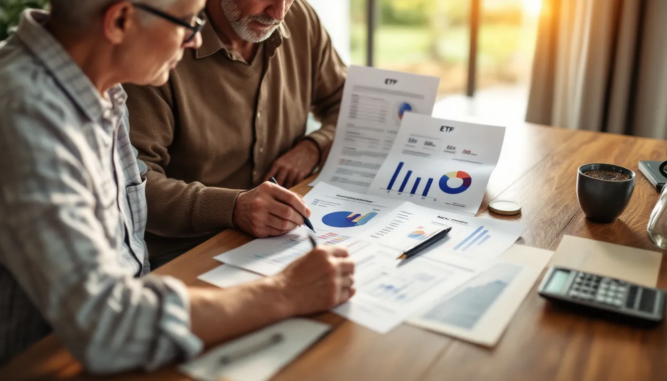 Two men review ETF investment documents with charts and graphs spread across a wooden table, with a calculator and coffee cup nearby