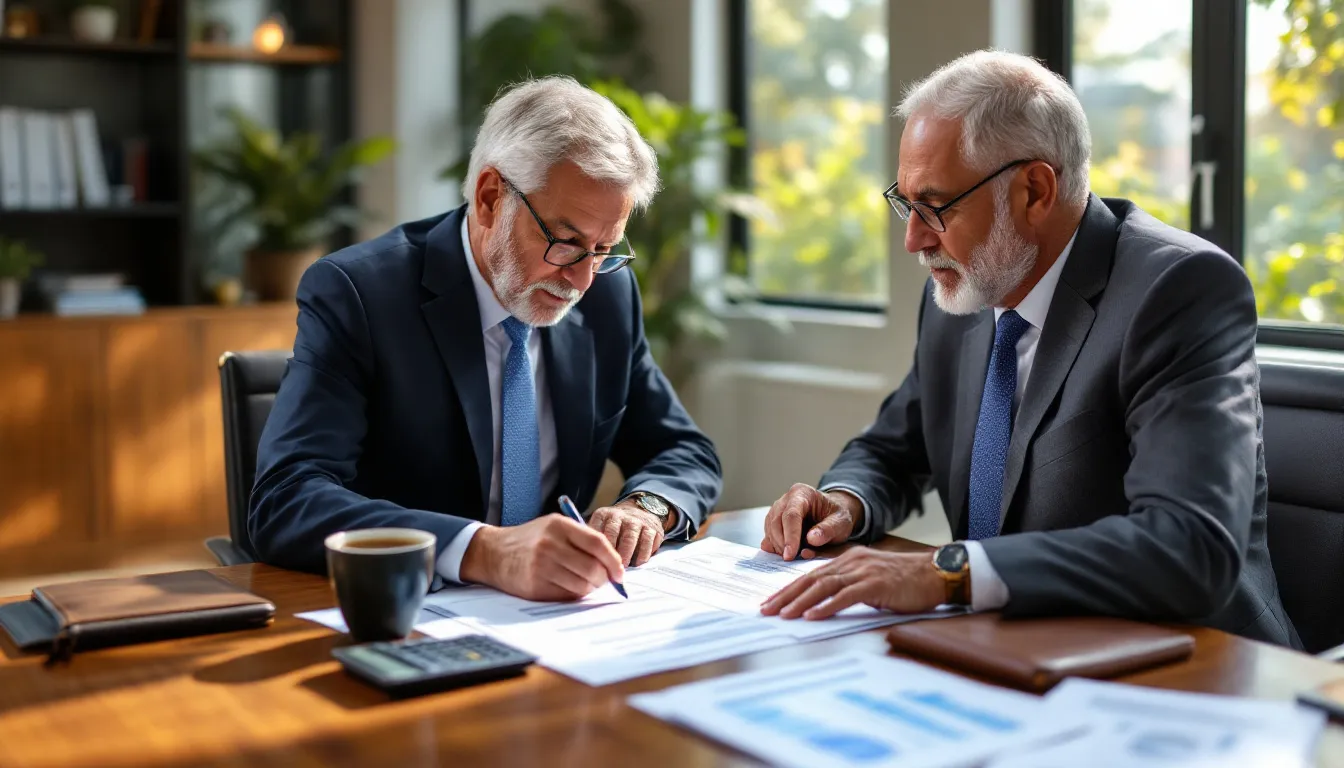 Two men in business suits review financial documents together at a wooden table in a modern office with plants and windows in the background