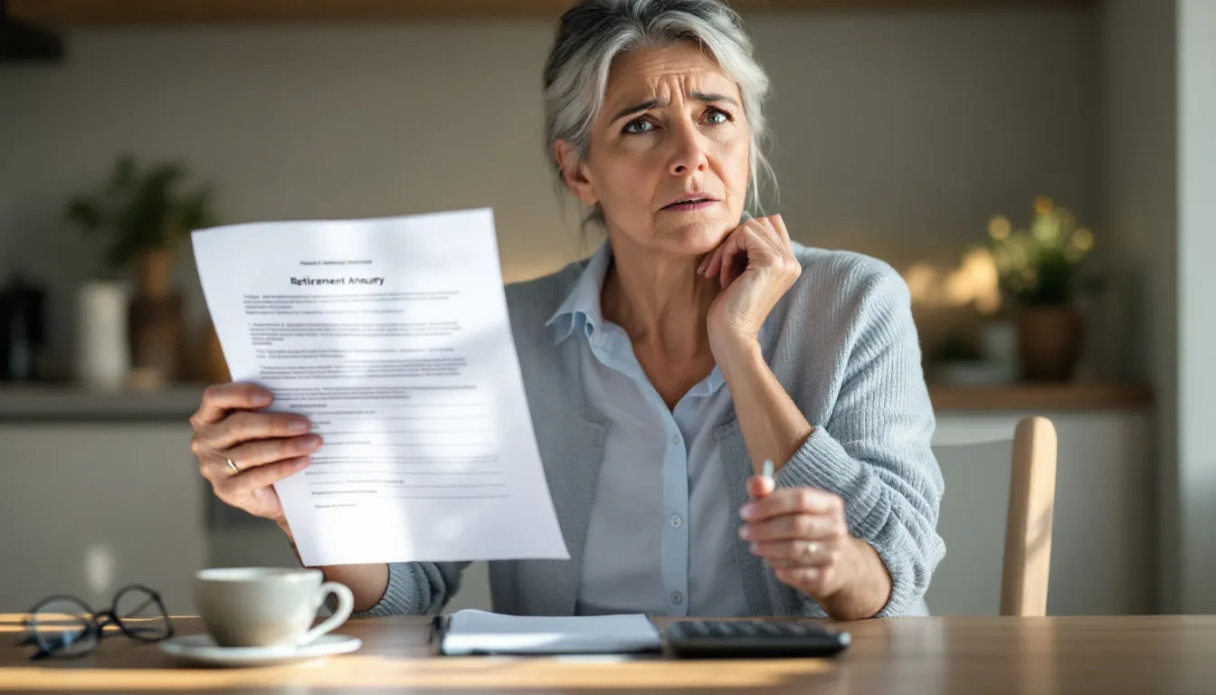 A woman with gray hair sits at a desk holding a document labeled "Retirement Annuity" while looking thoughtfully upward, with a coffee cup a