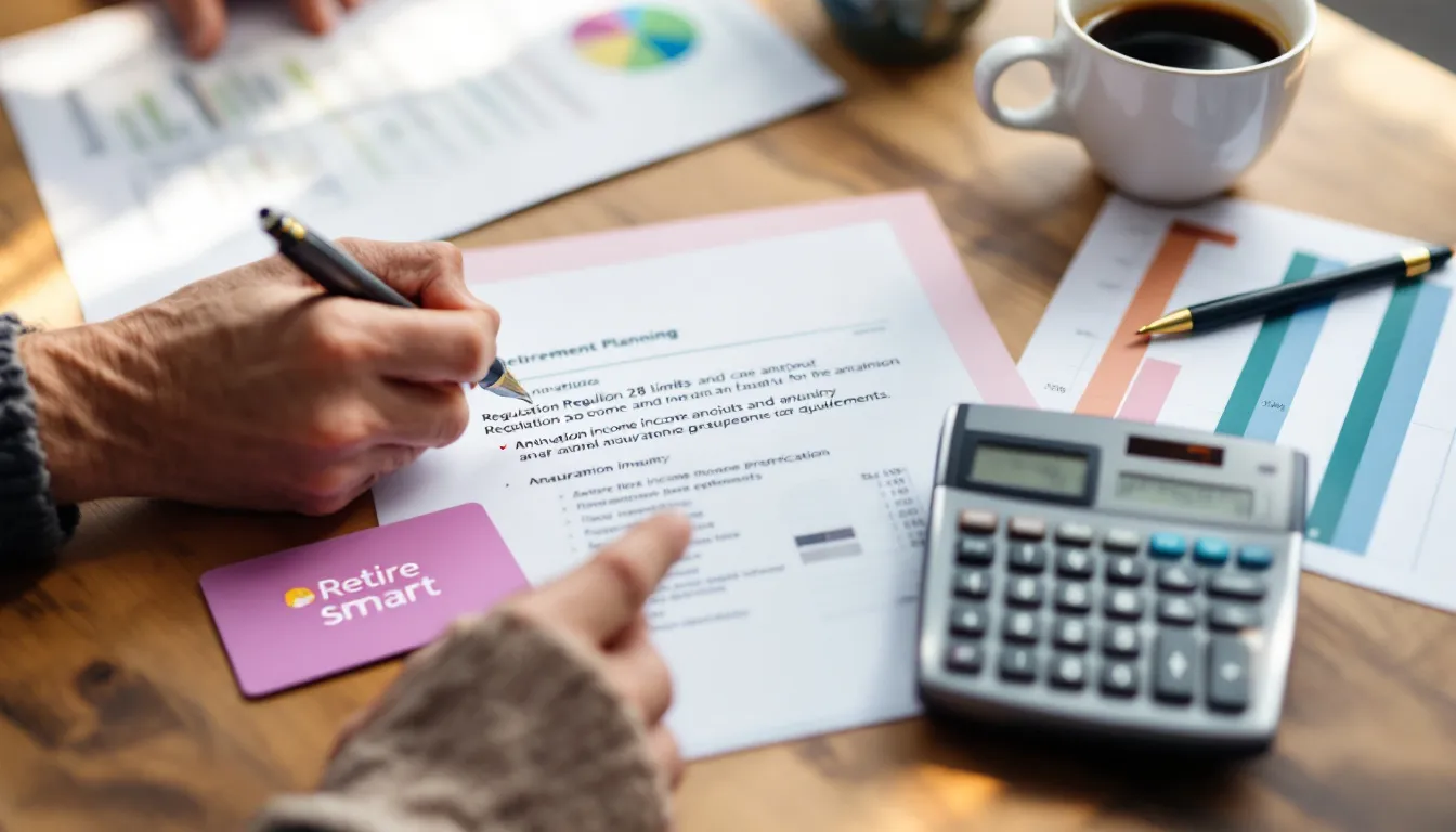A person's hands hold a pink "Retire Smart" business card while reviewing financial charts and documents on a wooden desk.