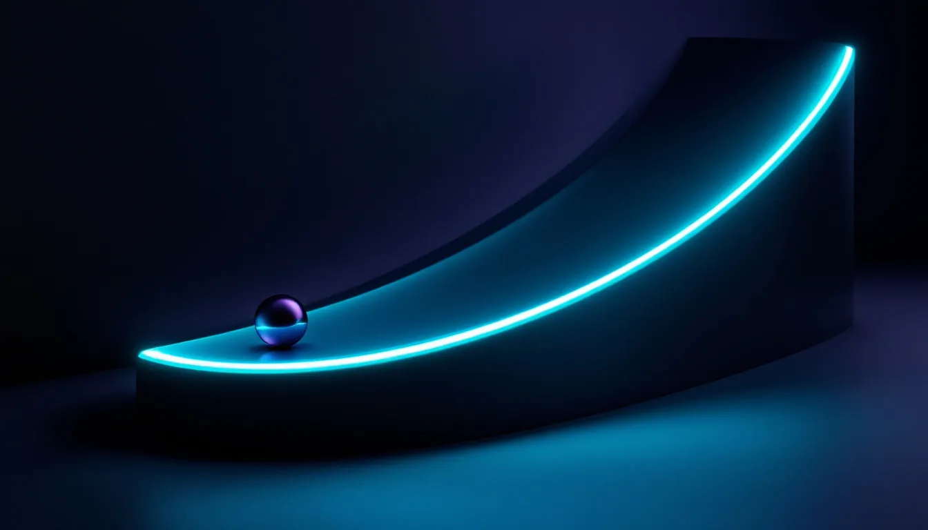A glowing cyan curved line with a reflective sphere rolling along its path against a dark blue background