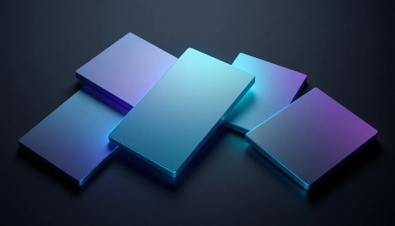 Five glossy rectangular tiles with gradient colors ranging from blue to cyan to purple arranged in an overlapping pattern on a dark backgrou