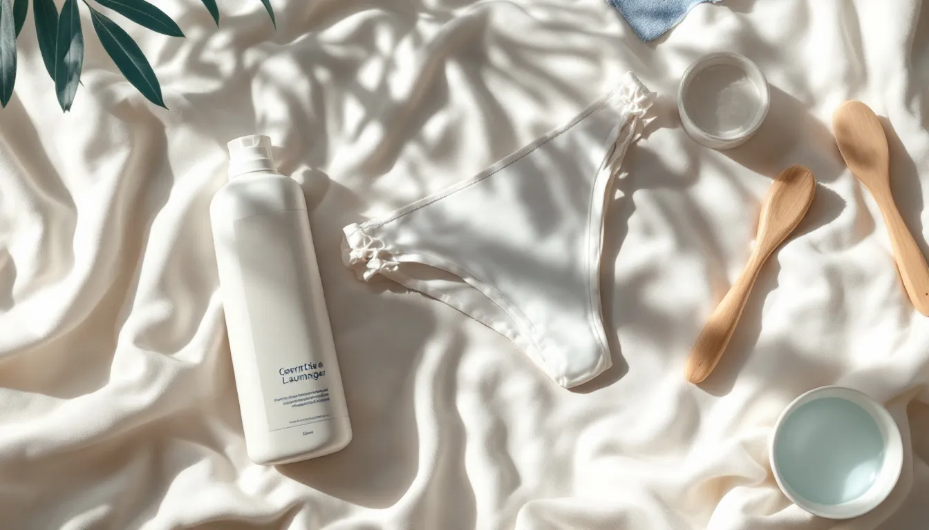 Skincare and beauty products arranged on white fabric including a white bottle, glass containers, wooden applicators, and green plant leaves