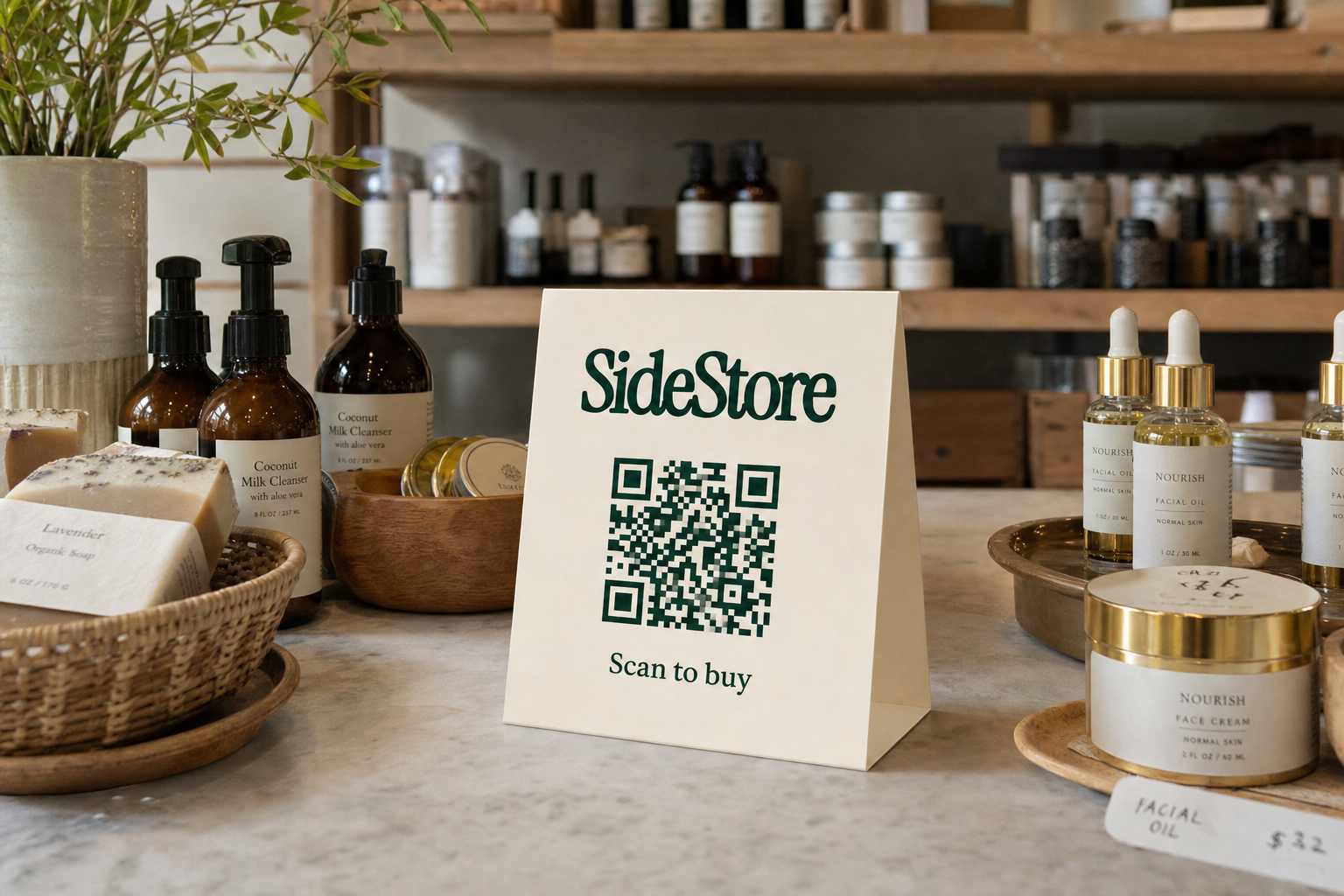 A SideStore tent card with a QR code sits on a marble counter surrounded by skincare products including amber bottles, jars with gold lids,