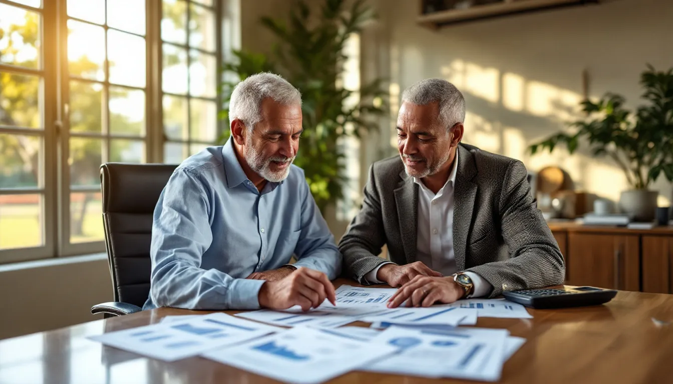 Two men review financial documents and charts at a wooden desk in a bright office with large windows and potted plants