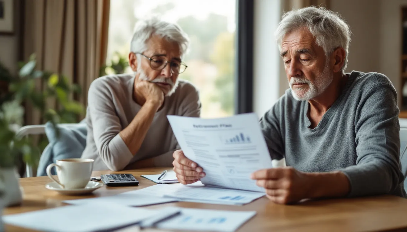 Two older men sit at a wooden table reviewing financial documents with charts and graphs, with a calculator and coffee cup nearby