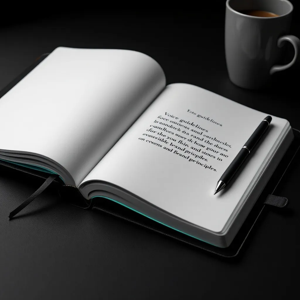 An open notebook with text on the right page and a black pen resting on it, next to a black mug containing coffee on a dark surface