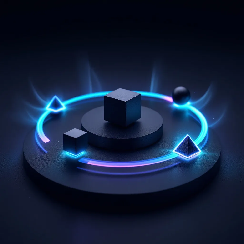A dark 3D illustration showing a black cube on a circular platform surrounded by glowing blue and purple neon lines forming a circular pattern
